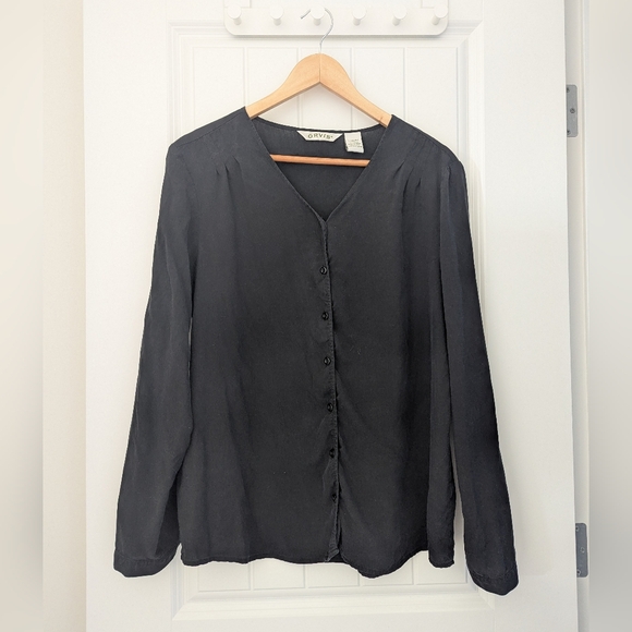 Orvis Tops - Orvis Black Silk Blouse V Neck Long Sleeve Size Large Washable Silk Top